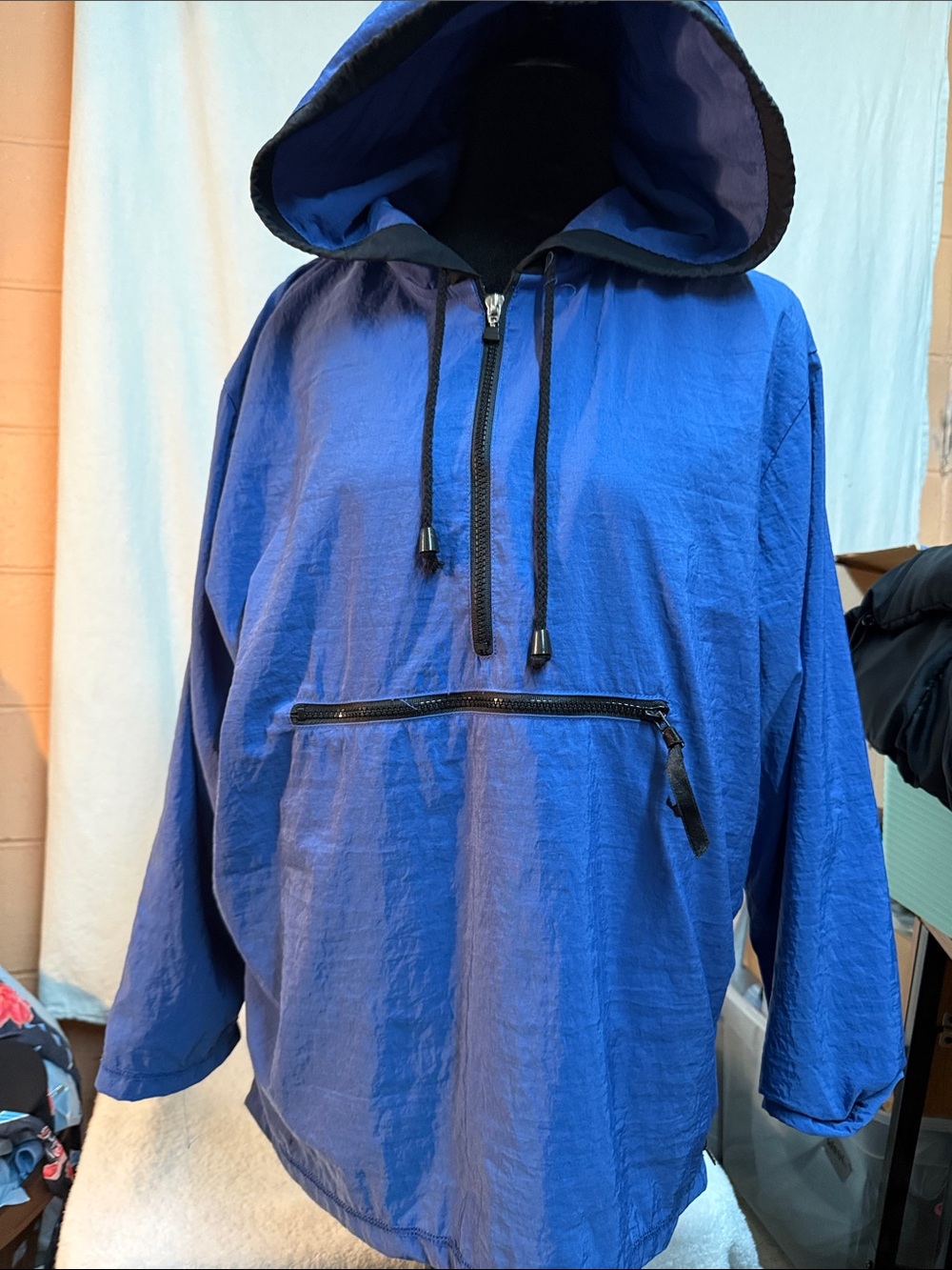 Hooded Blue Pullover Raincoat with Front Zip Pocket/ Side zips